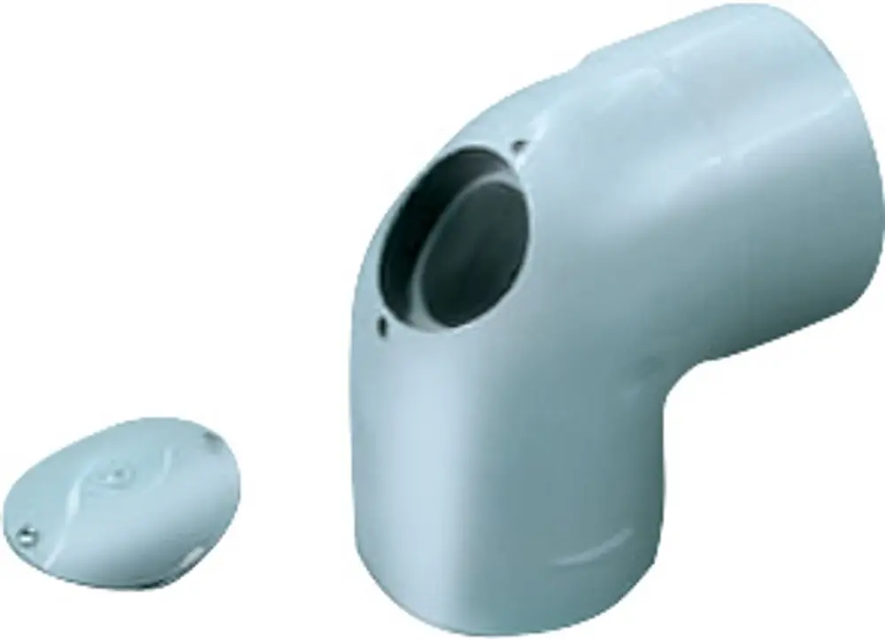 Doppelrohrbogen mit Prüföffnung, gefertigt aus Kunststoff. Produkt gehört zur Abgaszubehör-Serie von Bosch. Form ermöglicht eine 90-Grad-Biegung in Abgassystemen.